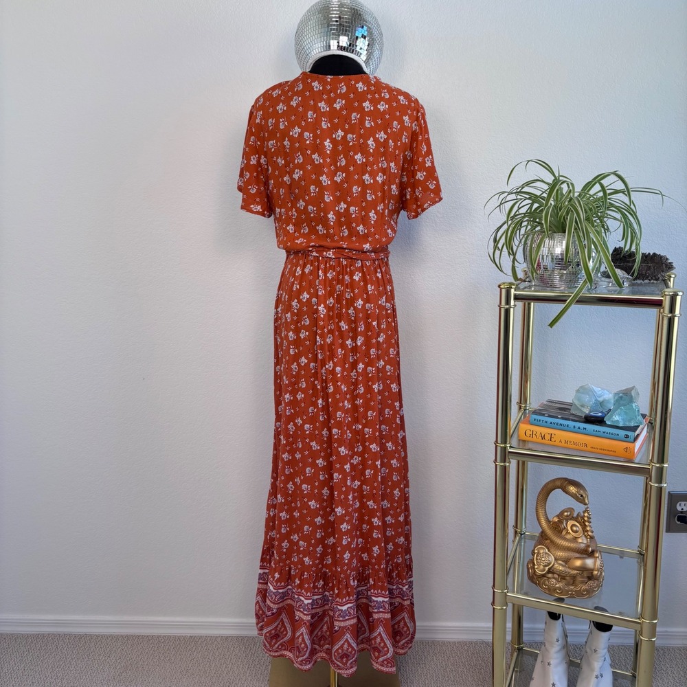 Bohemian‎ Floral Wrap Maxi Dress, Size Large Rust Orange Paisley Hippie Prairie - Picture 5 of 16